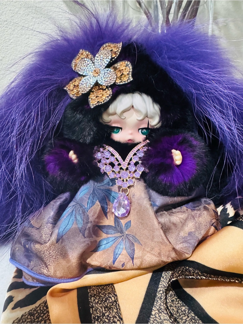 Plush Purple real Fur Skullpanda with Crystal Accessories - Picture 4 of 4